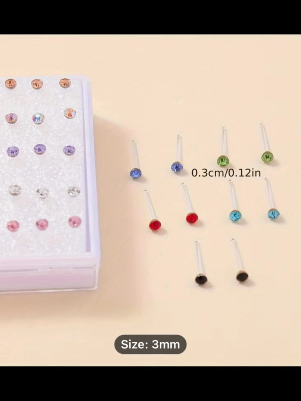 Nose Stud Set with Multicolor Gemstone - 3mm - Picture 1 of 3